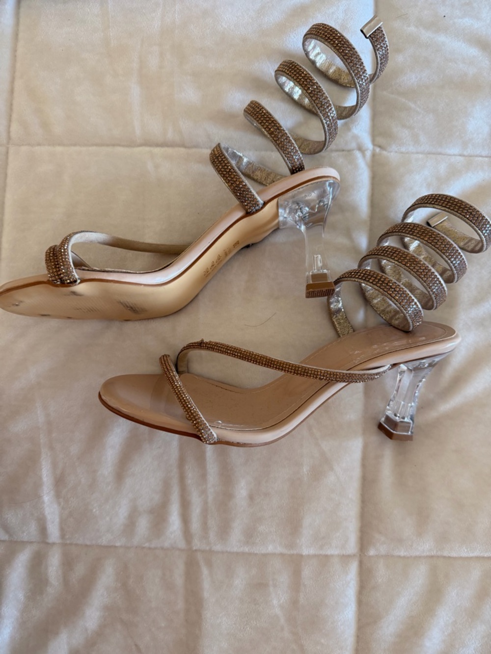 Strappy Nude Rhinestone Spiral Heel Sandals